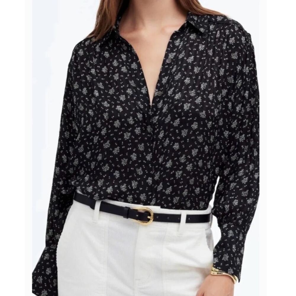 Madewell Oversized Shirt L Black White Floral Crinkle Blouse Workwear